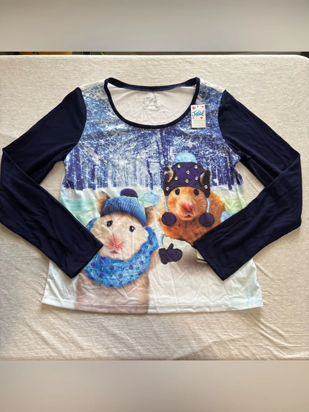 Justice Girls Size 18 Winter Hamster Ice Skating Rhinestone Graphic Tee NWT